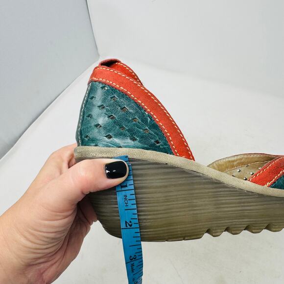 Fly London Ydel Teal and Red Leather Wedge Sandals Size 39 - Picture 12 of 13